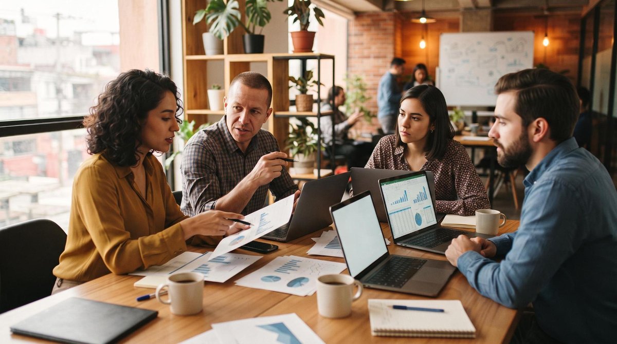 Cuatro personas analizan gráficos y documentos en una reunión de trabajo