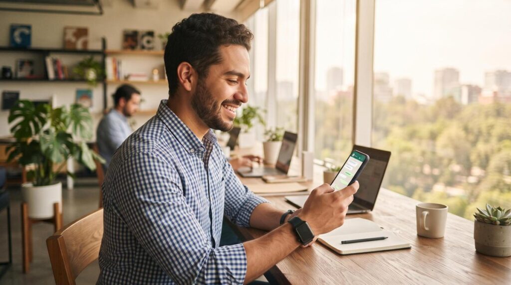 Un emprendedor mexicano sonriendo mientras sostiene su smartphone en un espacio de trabajo moderno y luminoso