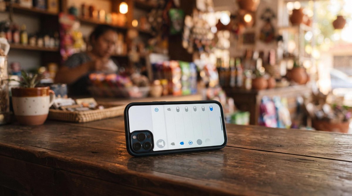 Teléfono inteligente sobre un mostrador de pequeña tienda en México con fondo desenfocado de productos y luz cálida de tarde