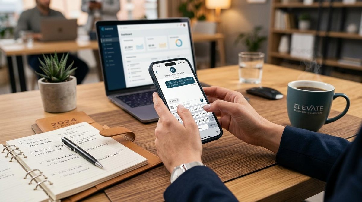 Manos profesionales tecleando en un smartphone sobre un escritorio organizado con agenda y taza de café, iluminación cálida de estudio