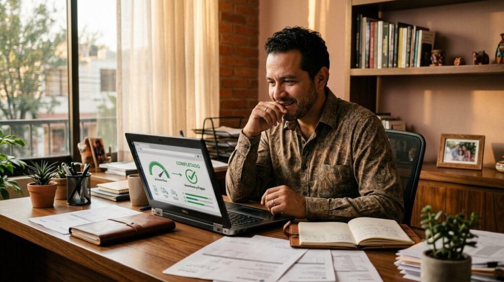 Persona sonriente trabajando en su portátil en un escritorio con documentos