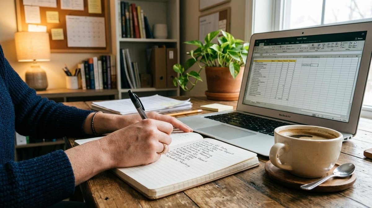 Persona escribe en un cuaderno junto a una taza de café y un portátil