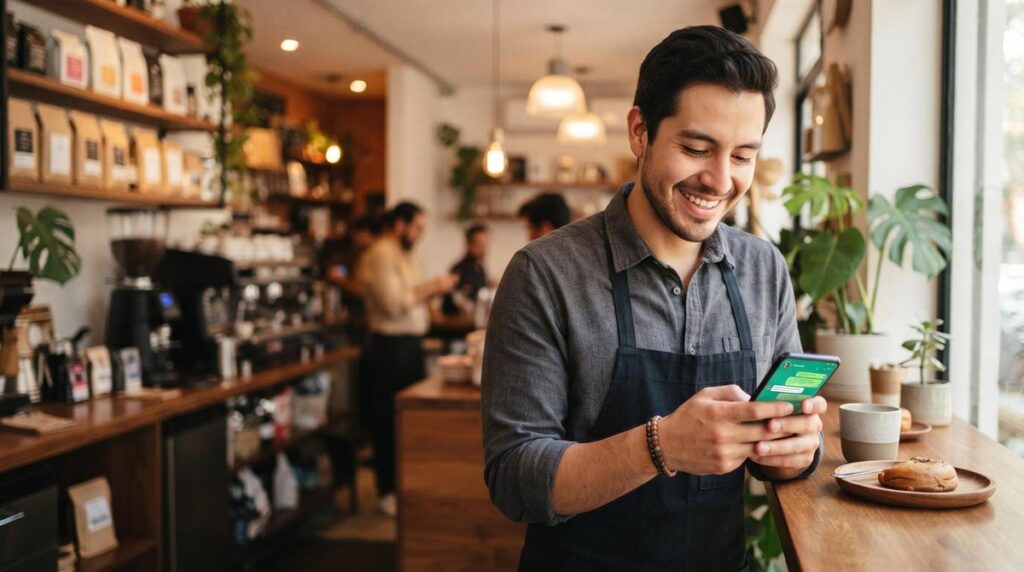 Un emprendedor mexicano sonriendo mientras usa su smartphone en un mostrador de negocio moderno, con una interfaz de chat verde visible en la pantalla