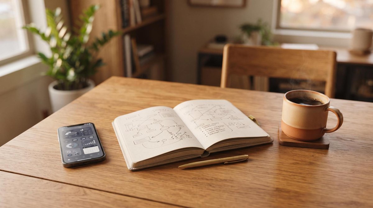 Un espacio de trabajo organizado con un smartphone sobre una mesa de madera, acompañado de una libreta de notas y una taza de café, con tonos cálidos