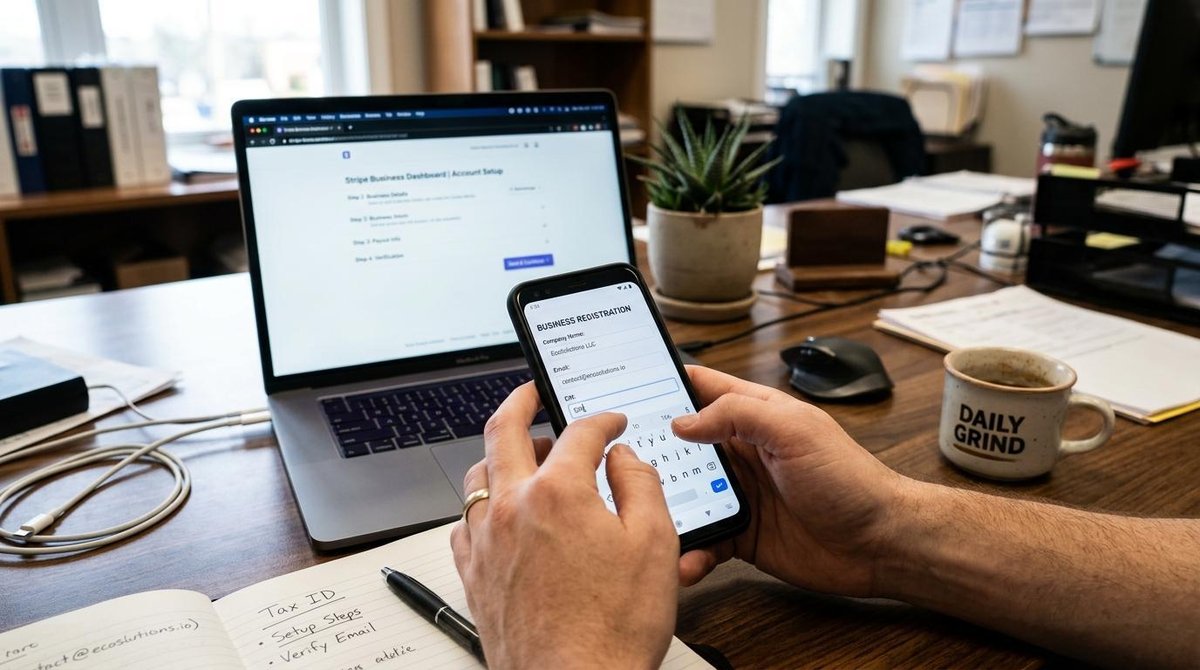 Manos escribiendo datos en un teléfono móvil sobre un escritorio, con una computadora portátil abierta al fondo mostrando una página web
