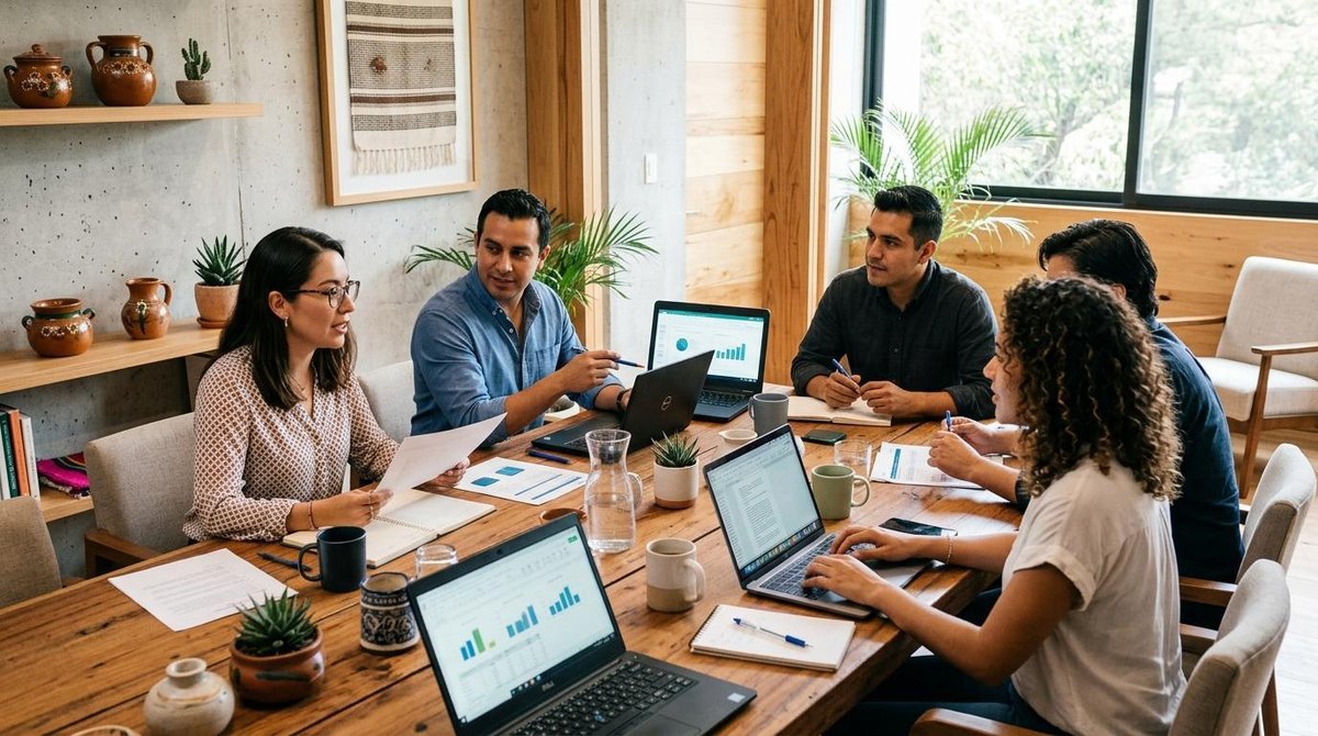 Personas colaboran alrededor de una mesa con laptops y papeles