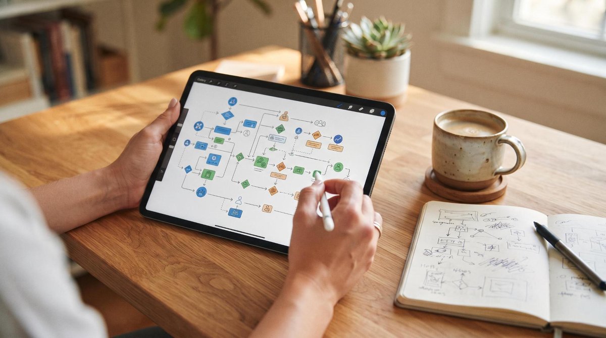 Persona usa lápiz óptico en tablet con diagrama de flujo y taza de café