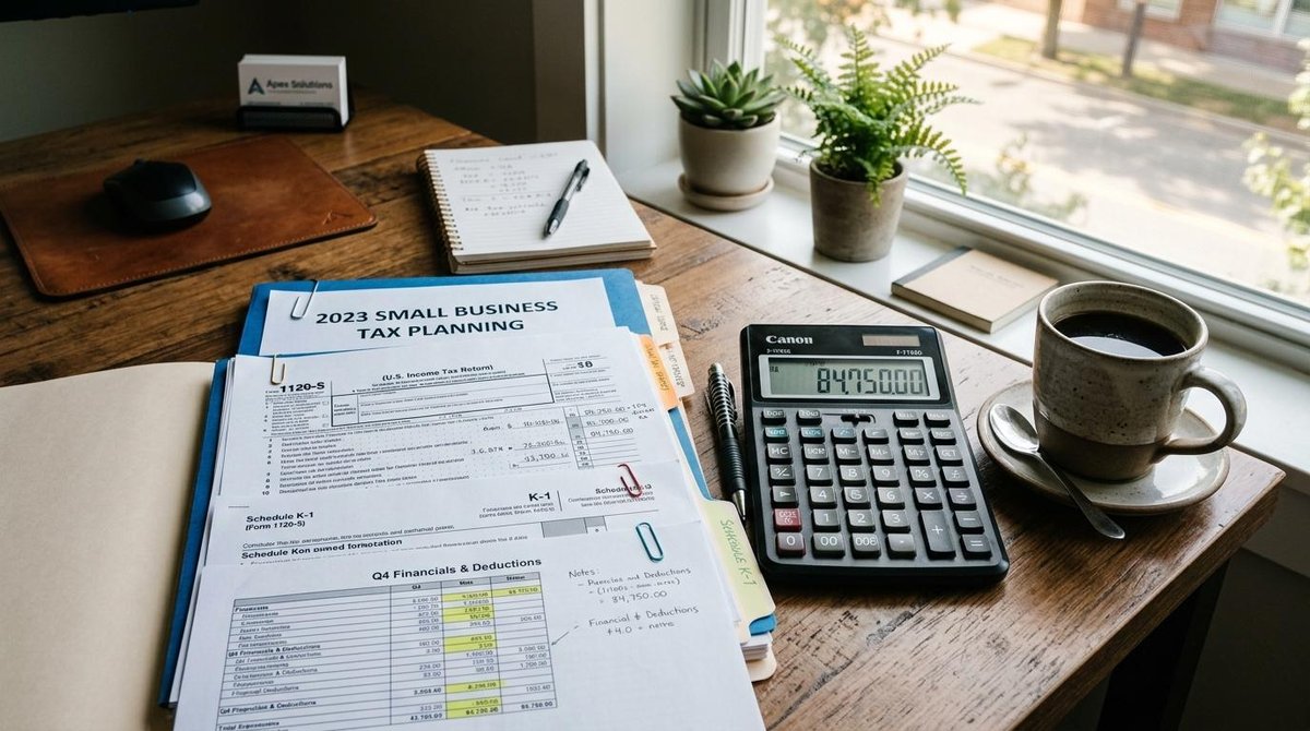 Escritorio con documentos fiscales, calculadora mostrando cifras, taza de café y plantas junto a la ventana iluminada