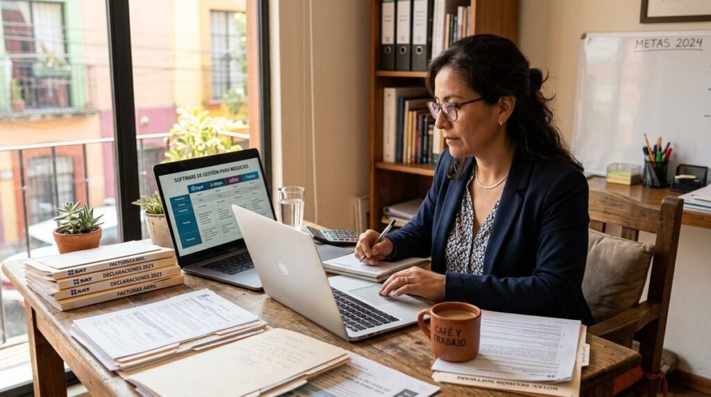 Persona escribiendo en un cuaderno frente a dos portátiles y libros de contabilidad en una mesa de madera