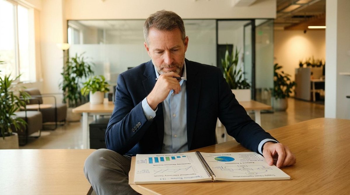 Persona con traje azul revisando gráficos financieros en un cuaderno abierto sobre mesa de madera