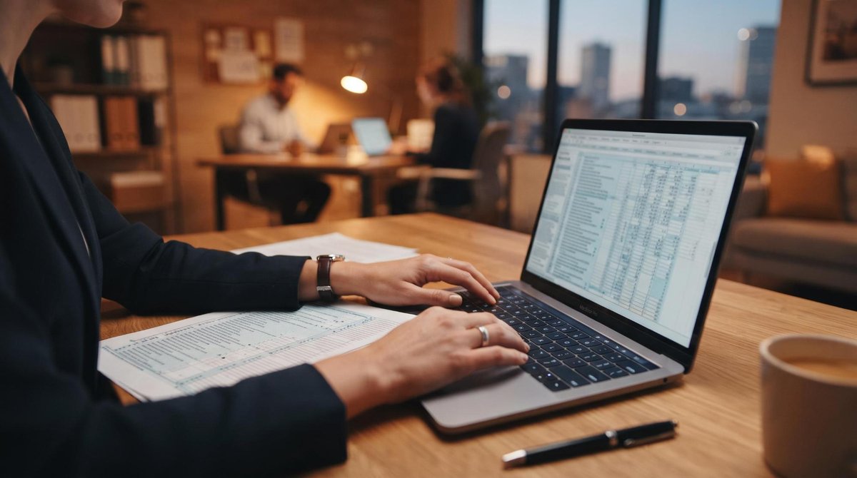 Persona tecleando en portátil con documentos y taza de café en mesa de madera