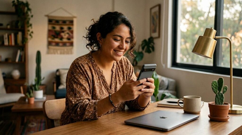 Persona sonriendo mientras usa su teléfono móvil en un escritorio de madera