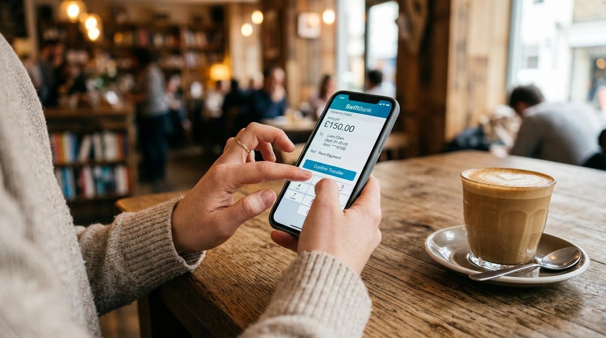Persona usa su teléfono para realizar un pago en una cafetería