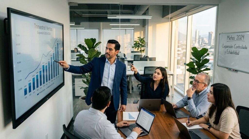 Grupo de personas en oficina analizando gráficos de ventas en pantalla y pizarra con objetivos anuales