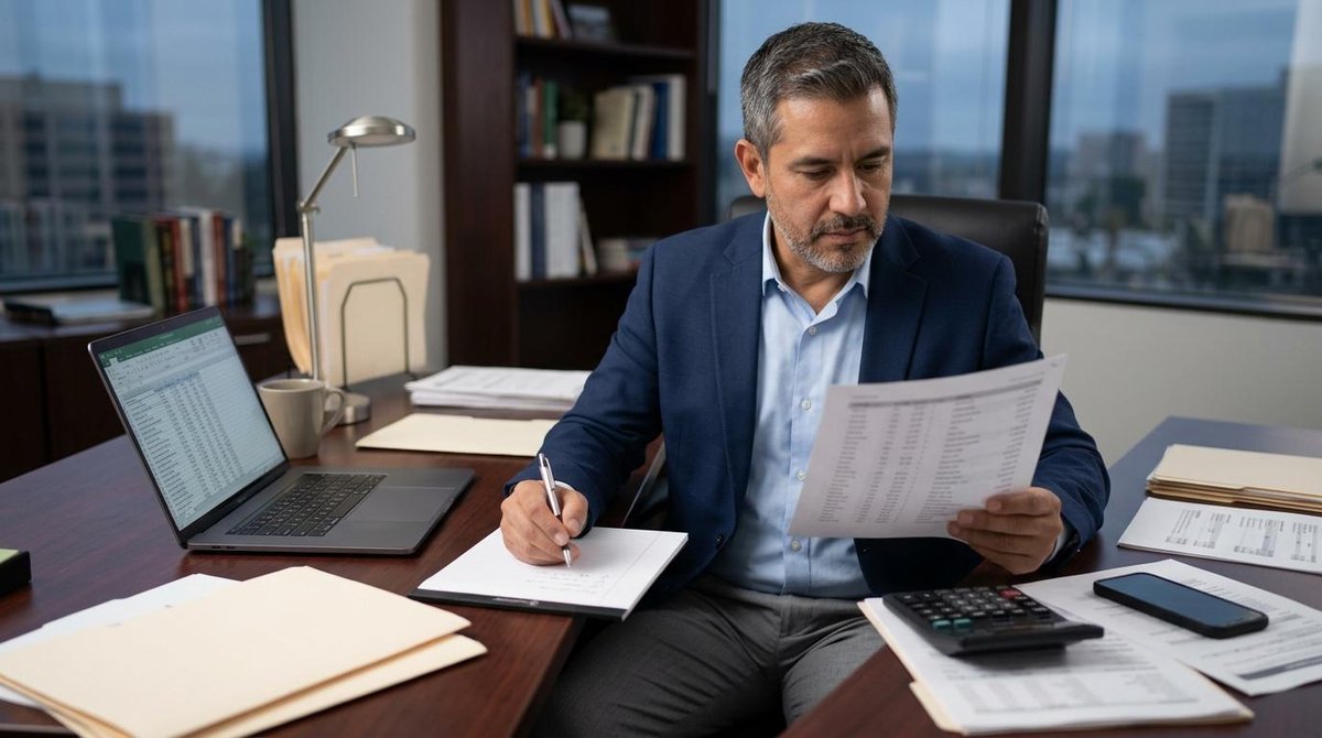 Persona con traje azul revisando documentos y escribiendo en una libreta frente a un portátil en oficina