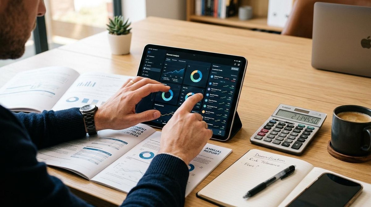Persona usando tablet con gráficos financieros junto a documentos, calculadora y café