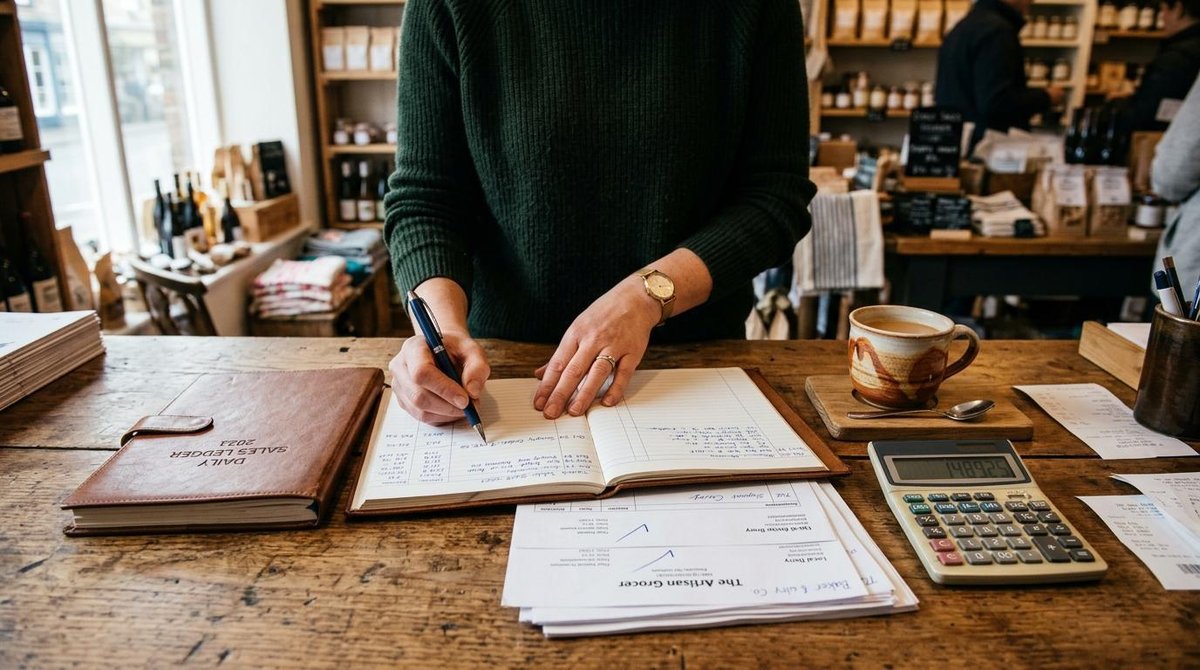 Persona escribiendo en un libro de contabilidad sobre una mesa de madera con calculadora y taza de café