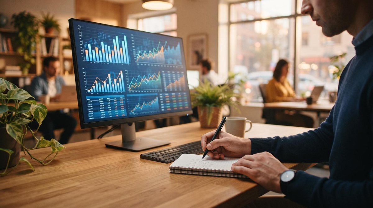 Persona escribiendo en cuaderno frente a monitor con gráficos financieros en oficina iluminada