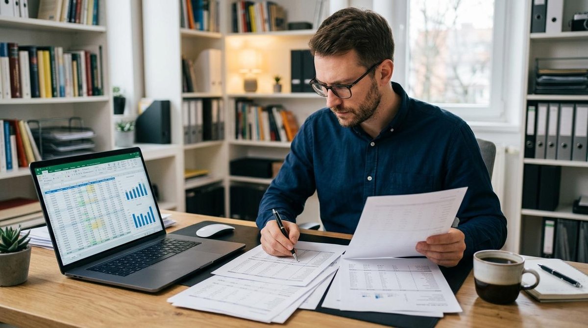 Persona con gafas revisando documentos en escritorio junto a portátil mostrando gráficos de datos