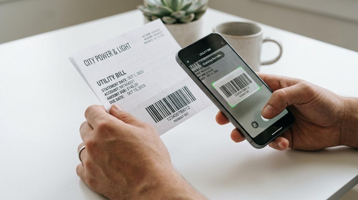 Persona escaneando el código de barras de un recibo con un dispositivo móvil o lector óptico.