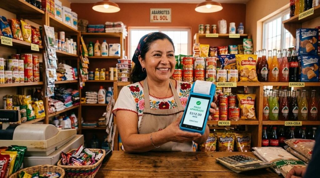 Un propietario de pequeña tienda en México utilizando una terminal de pagos portátil con una pantalla mostrando una transacción aprobada