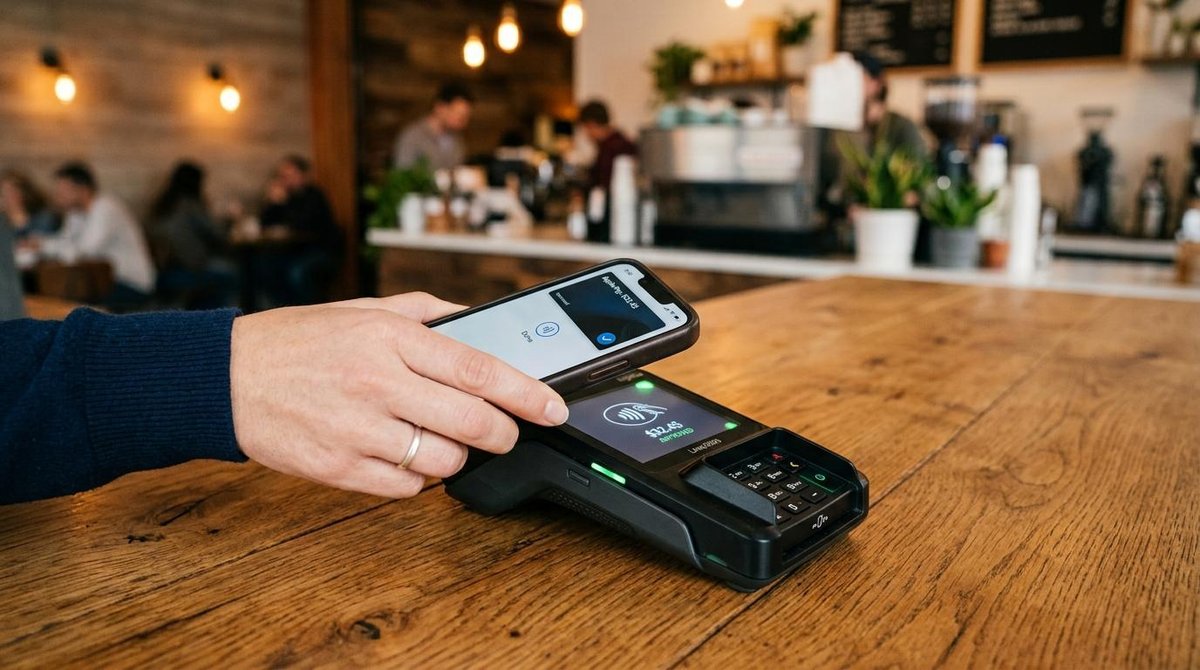 Primer plano de manos sosteniendo un smartphone realizando un pago por aproximación NFC junto a una terminal de pagos moderna
