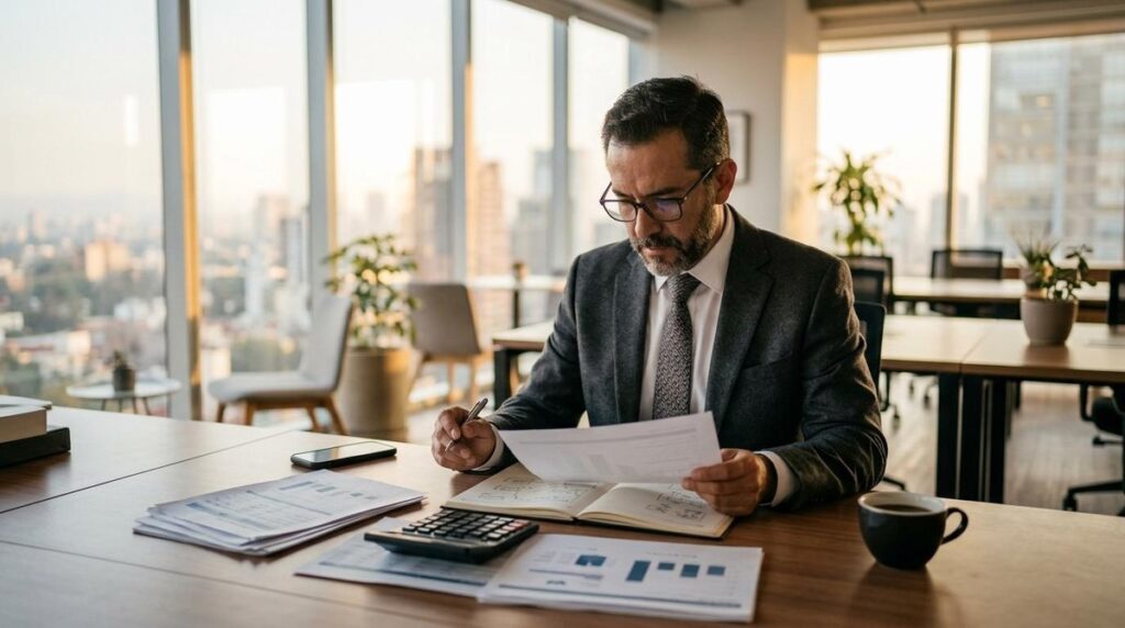 Persona con traje y gafas revisando documentos en escritorio de oficina con calculadora y café