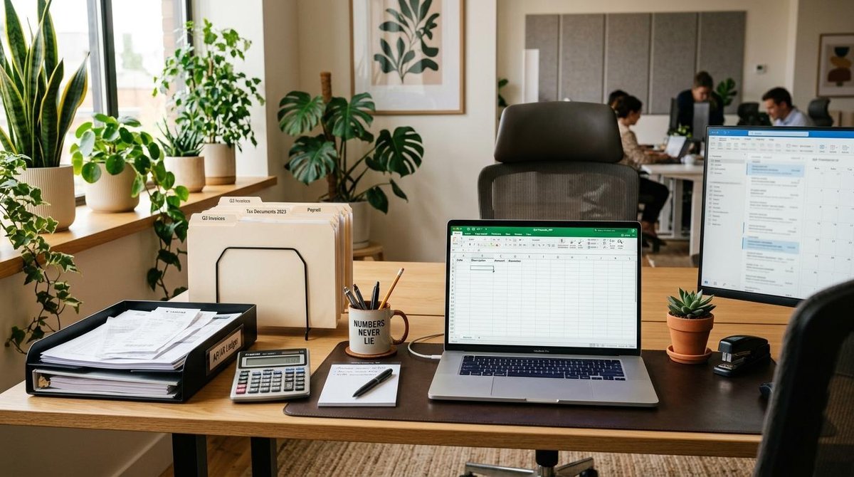 Escritorio con portátil, monitor, calculadora, documentos y plantas, con personas trabajando en el fondo