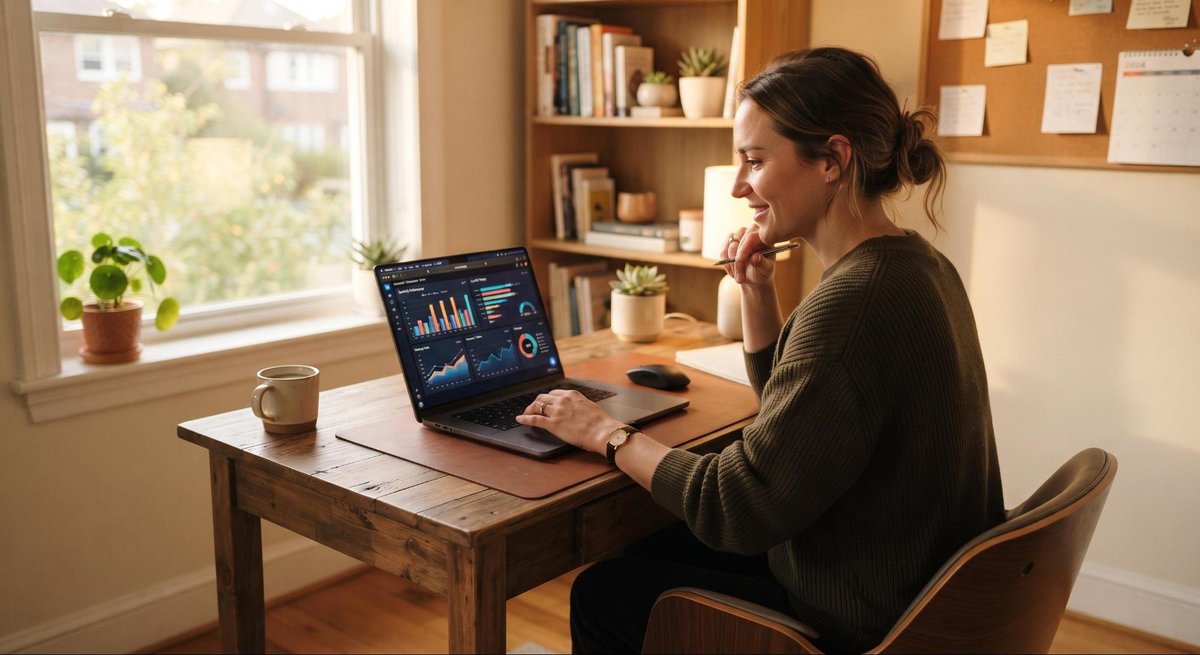 Persona sentada en escritorio de madera usando laptop con gráficos de datos visibles en pantalla