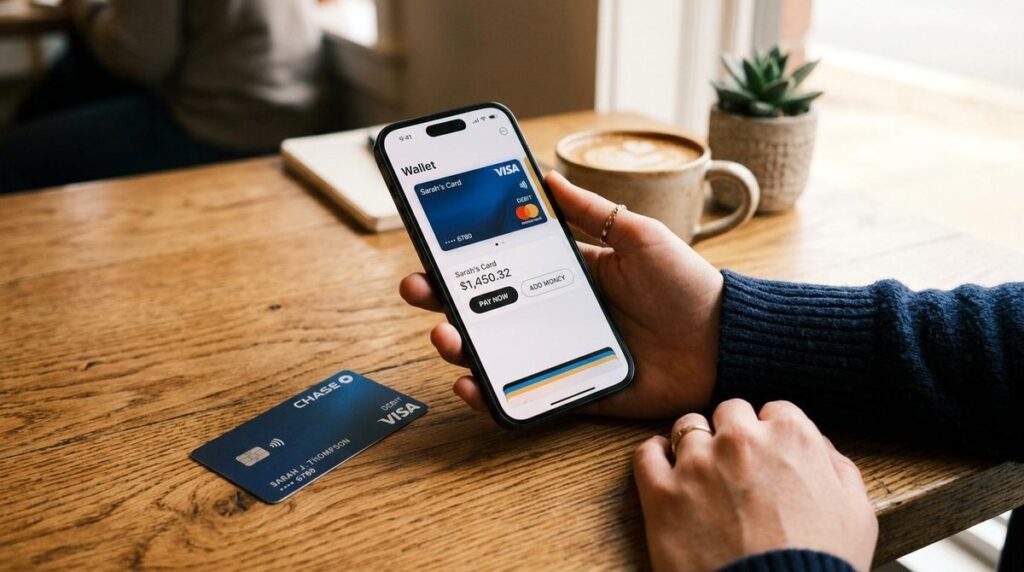 Persona usa su teléfono para pagar con una tarjeta de crédito en una mesa