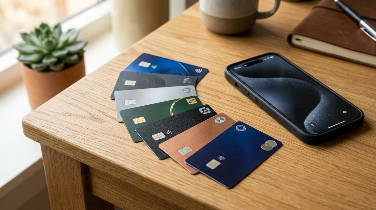 Varias tarjetas de crédito de colores se apilan cerca de un teléfono y una libreta