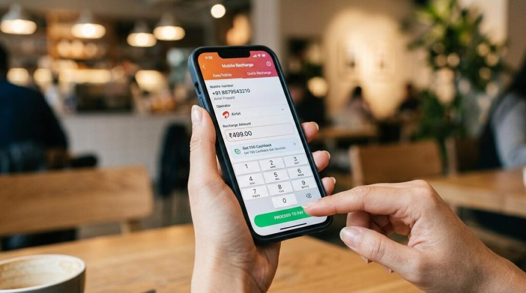 Persona realiza recarga móvil en un teléfono inteligente