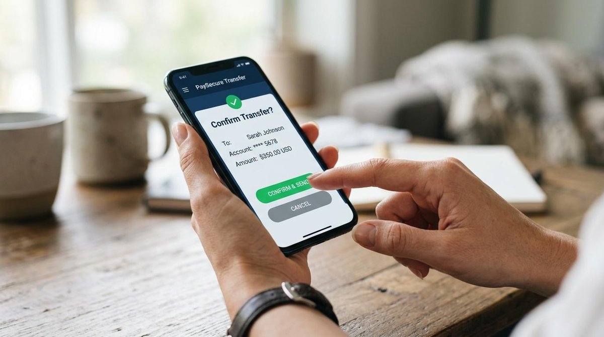 Persona confirma una transferencia de dinero en su teléfono móvil