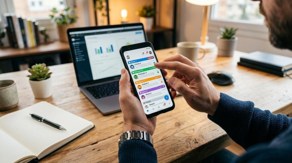 Manos profesionales sosteniendo un smartphone que muestra una interfaz de mensajería con etiquetas de colores para clasificar conversaciones