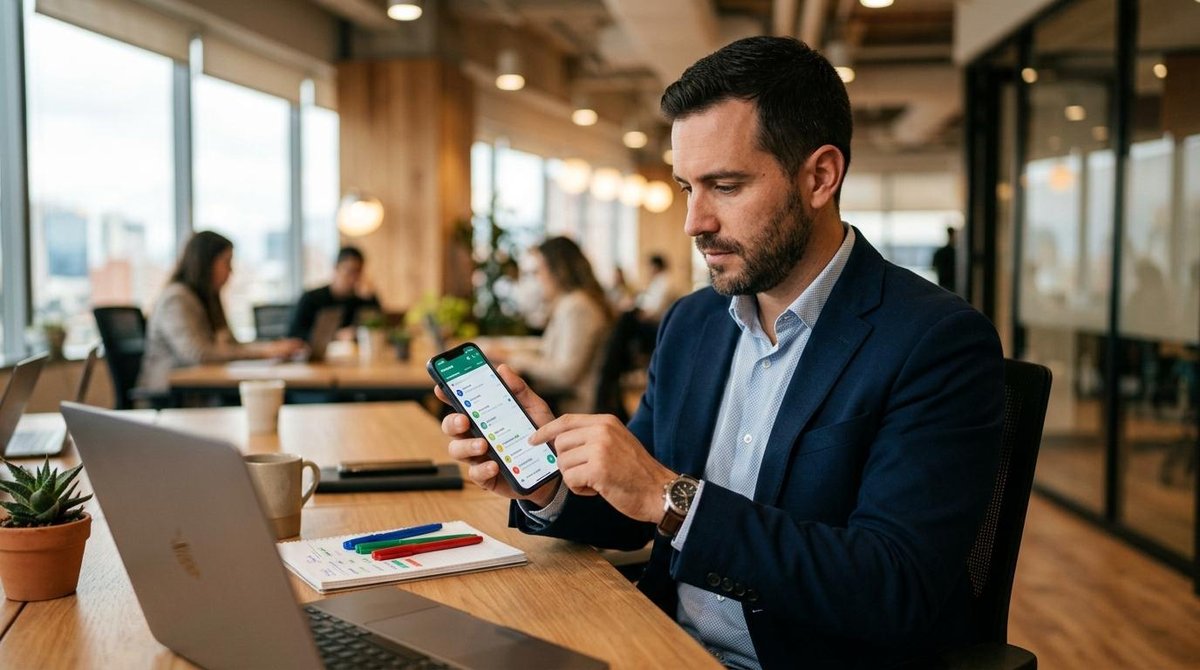Empresario revisando conversaciones en su teléfono móvil mientras organiza contactos con categorías de colores en un ambiente de trabajo contemporáneo