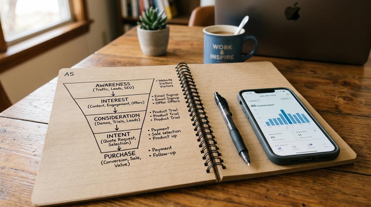 Cuaderno de notas con diagrama de embudo de ventas y categorías escritas a mano, junto a un teléfono inteligente sobre una mesa de madera
