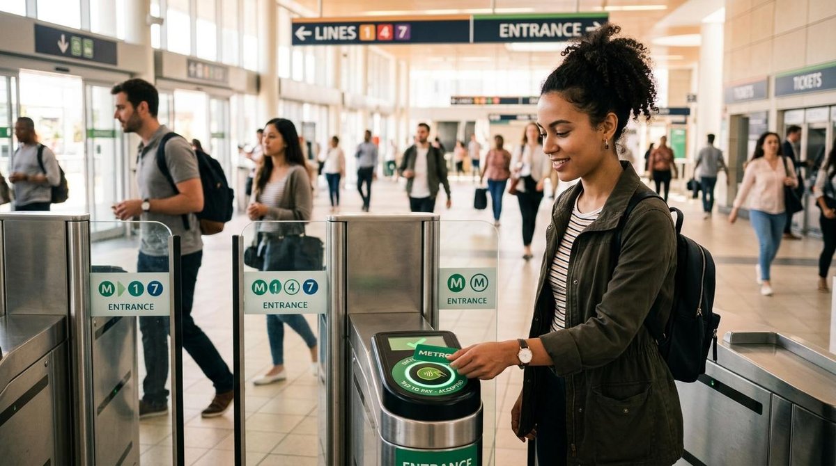 Mujer pasa tarjeta en torniquete de metro con gente al fondo