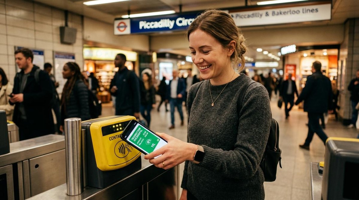 Mujer que consultar su saldo con la tecnología NFC de su celular.