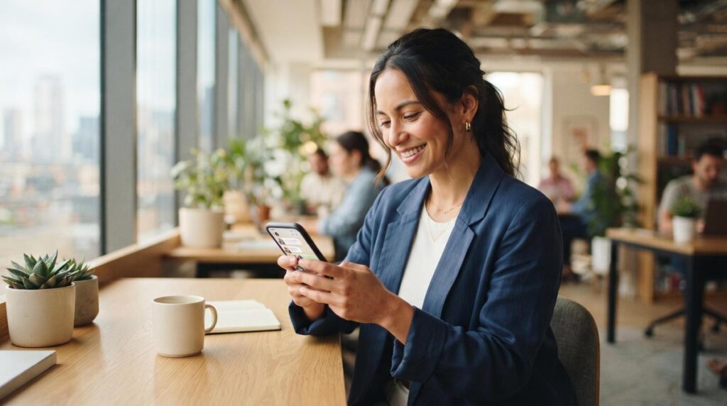Una persona profesional sostiene un smartphone en un entorno de trabajo moderno y luminoso, mostrando una expresión relajada y confiada