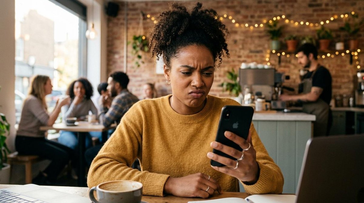 Una persona mira su teléfono con expresión de escepticismo mientras sostiene el dispositivo en una cafetería o espacio casual