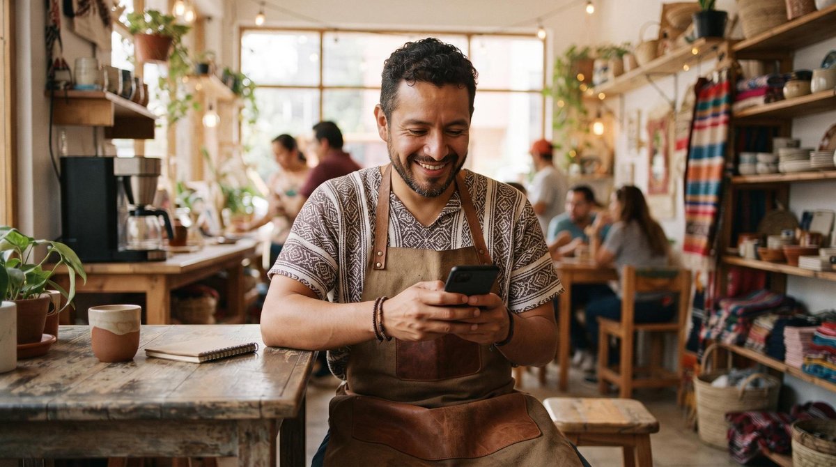 Un emprendedor mexicano escribe un mensaje en su smartphone con una sonrisa genuina, sentado en un pequeño negocio local con ambiente cálido