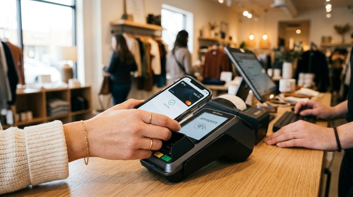 Persona pagando en un comercio con una tarjeta virtual