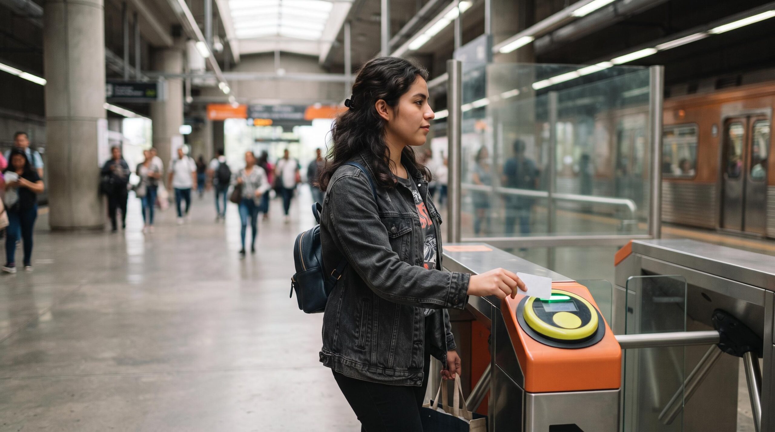 Persona joven pasando por el torniquete de una estación de metro de la Ciudad de México, acercando una tarjeta al lector de acceso