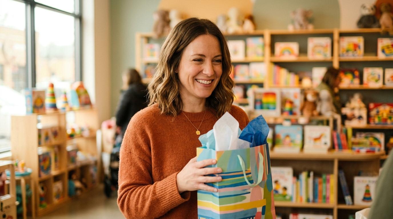 Adulto sonriendo mientras sostiene una bolsa de regalo colorida en una tienda moderna, con estantes de productos infantiles difuminados al fondo