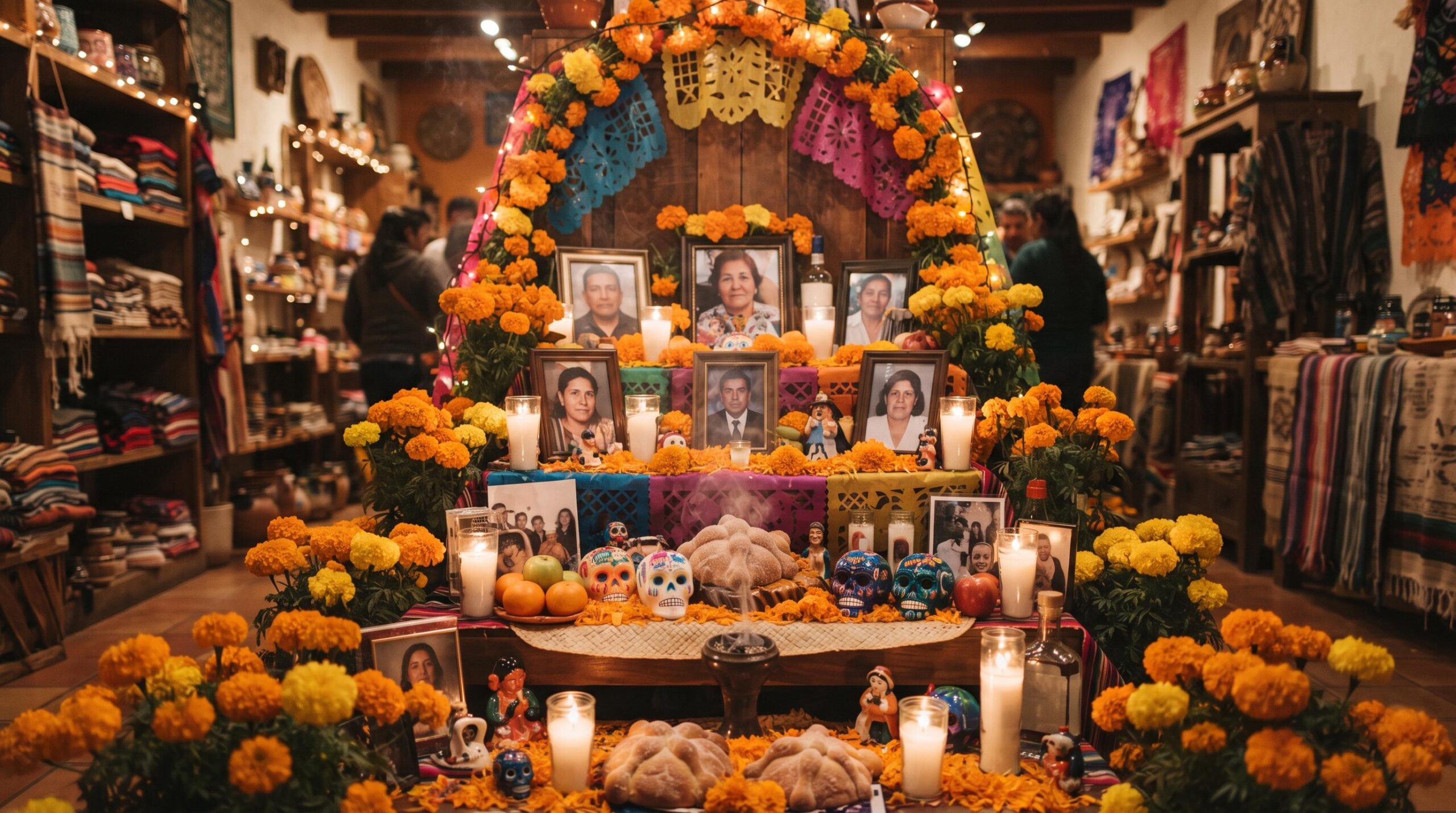 Primer plano de un altar de muertos tradicional dentro de una tienda mexicana, con velas encendidas proyectando luz cálida sobre fotos enmarcadas