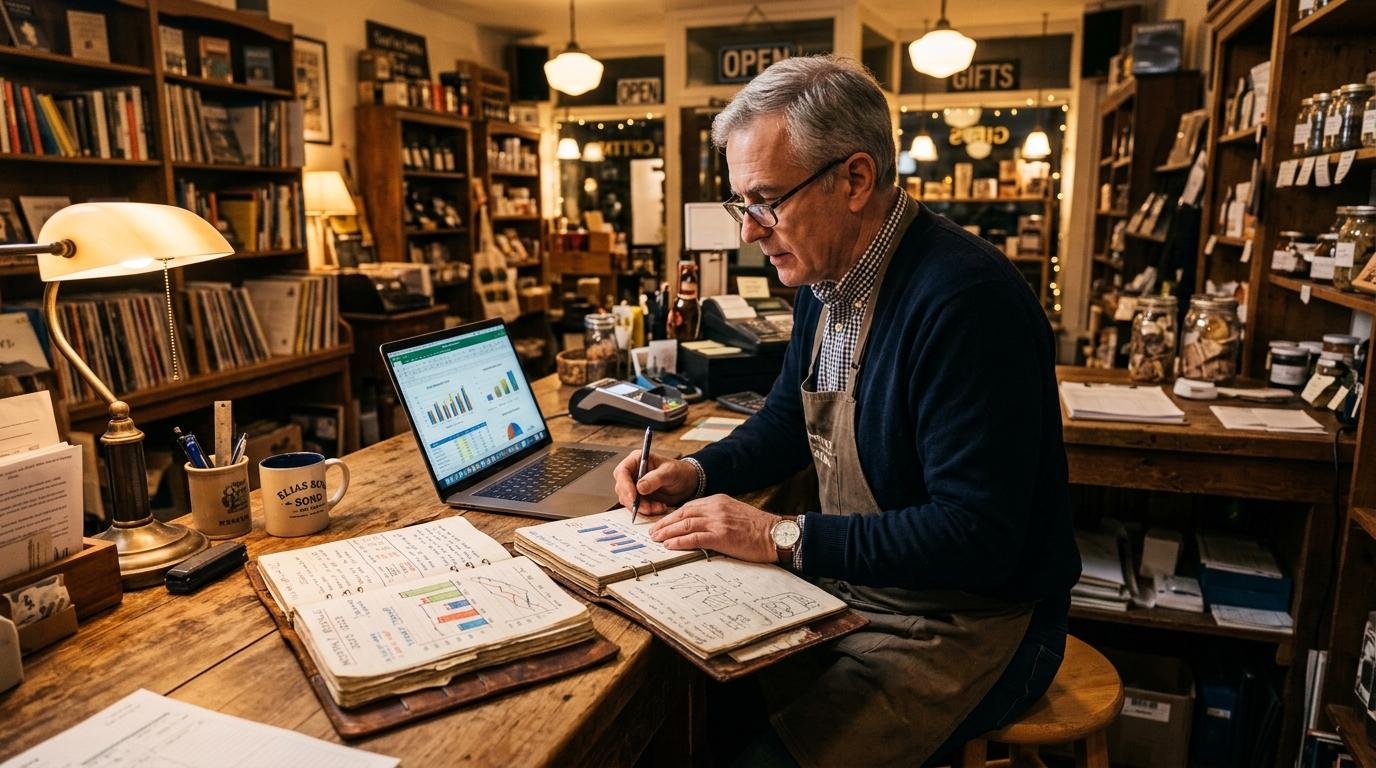 Comerciante revisando registros históricos de ventas en una laptop y cuadernos abiertos con gráficas dibujadas a mano, en un mostrador de negocio pequeño
