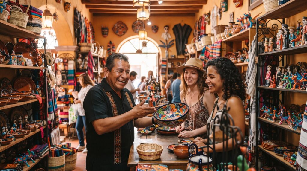 Pequeño negocio local en México atendiendo a turistas, con anaqueles bien surtidos y un propietario sonriendo mientras muestra productos artesanales
