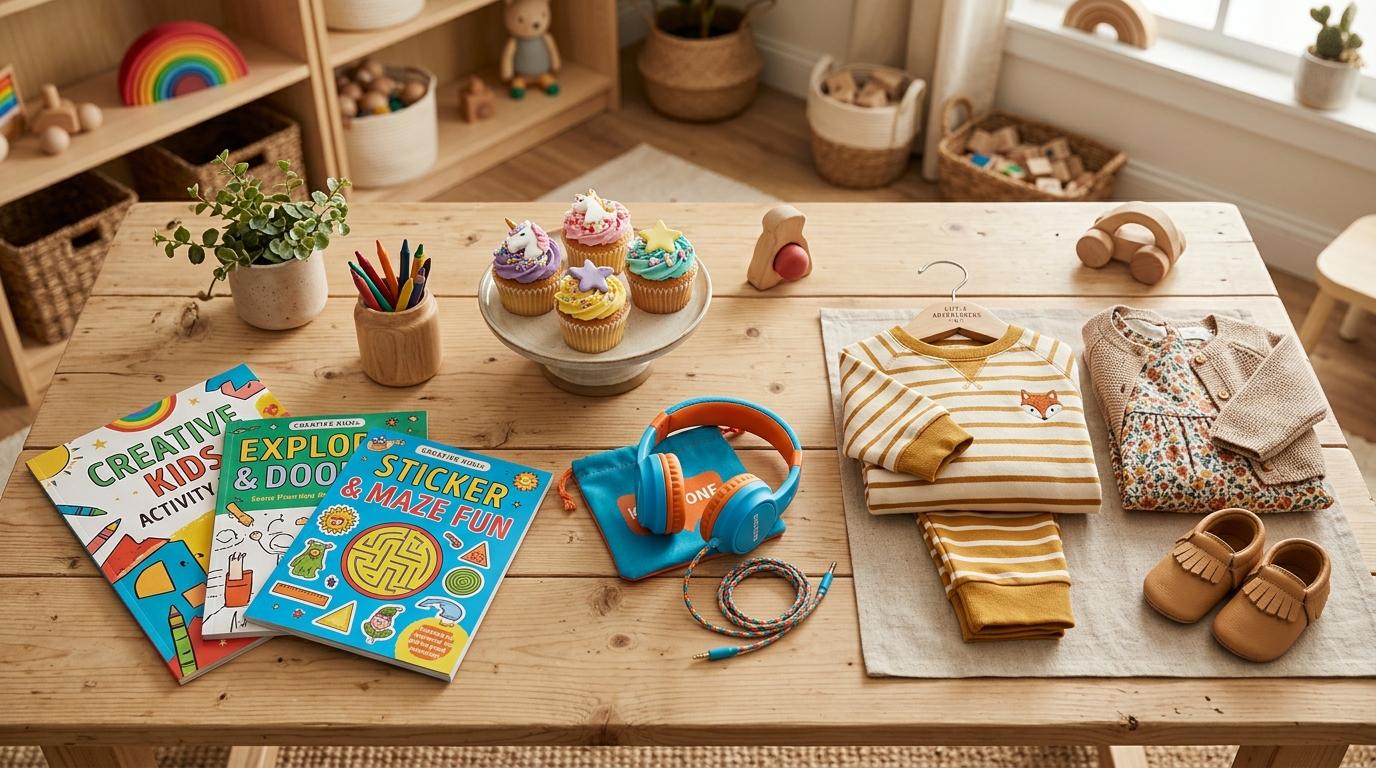 Mesa de trabajo con diversos productos infantiles organizados estratégicamente: libros de actividades, audífonos para niños, cupcakes decorados 
