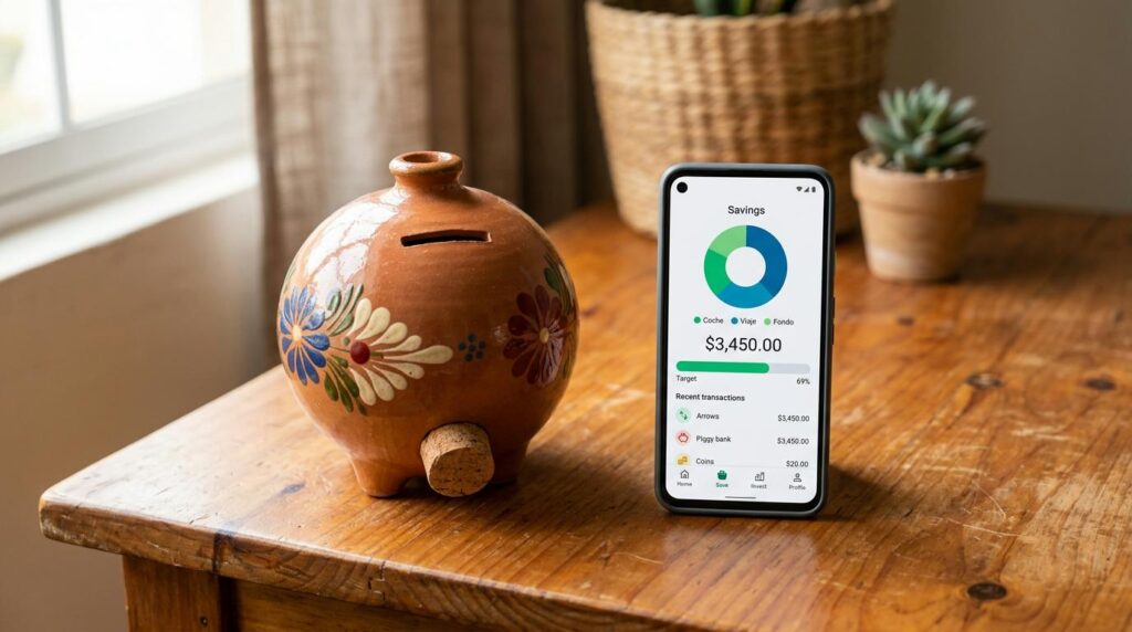 Comparación visual entre una alcancía de cerámica tradicional y un smartphone que muestra una interfaz de ahorro digital, sobre una mesa de madera