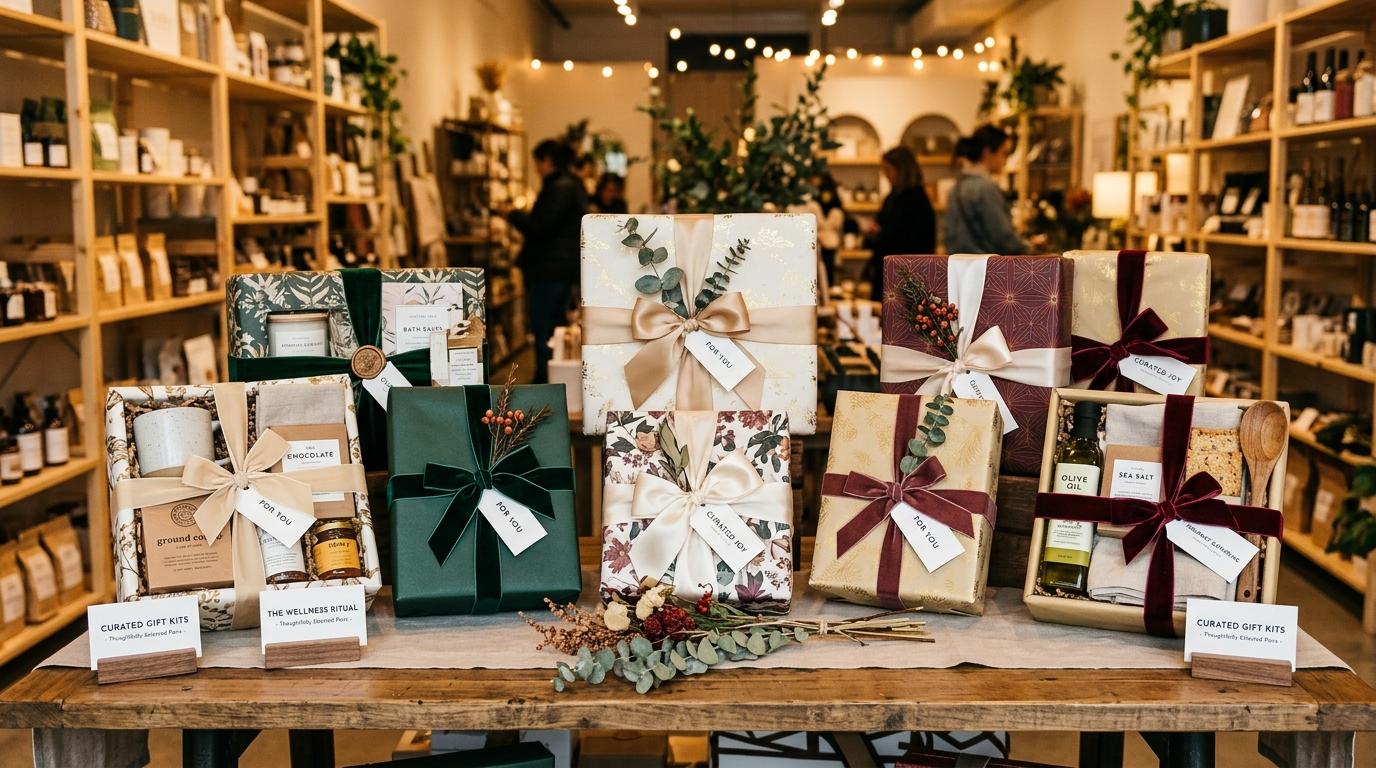 Varios kits de regalo envueltos con papel elegante y lazos sobre una mesa de exhibición, combinando productos prácticos y especiales formando paquetes 